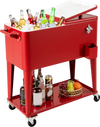 Portable red patio cooler with 80-quart capacity, bottom storage shelf, and bottle opener for outdoor gatherings.