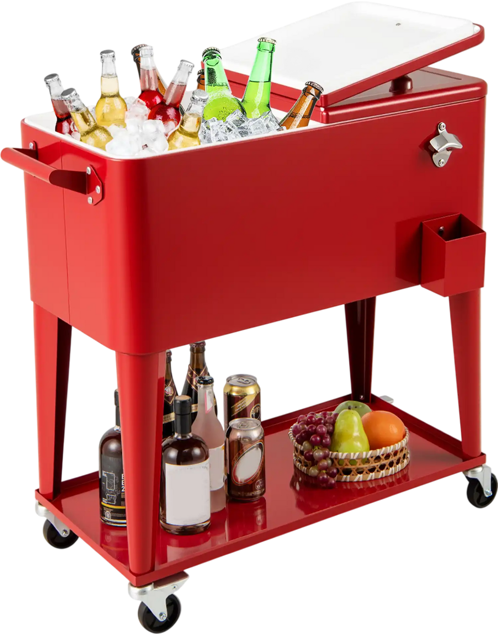 Portable red patio cooler with 80-quart capacity, bottom storage shelf, and bottle opener for outdoor gatherings.