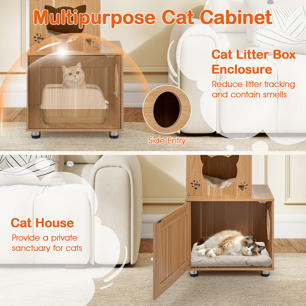 Multipurpose cat cabinet with litter box enclosure in brown, featuring a cozy condo and adjustable height for comfort.