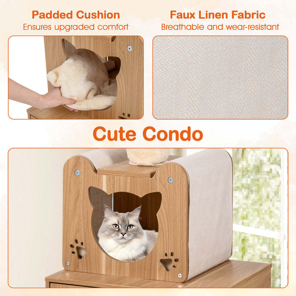 Cute condo with padded cushion and faux linen fabric for cat comfort, featuring a hallow claw design and litter box.