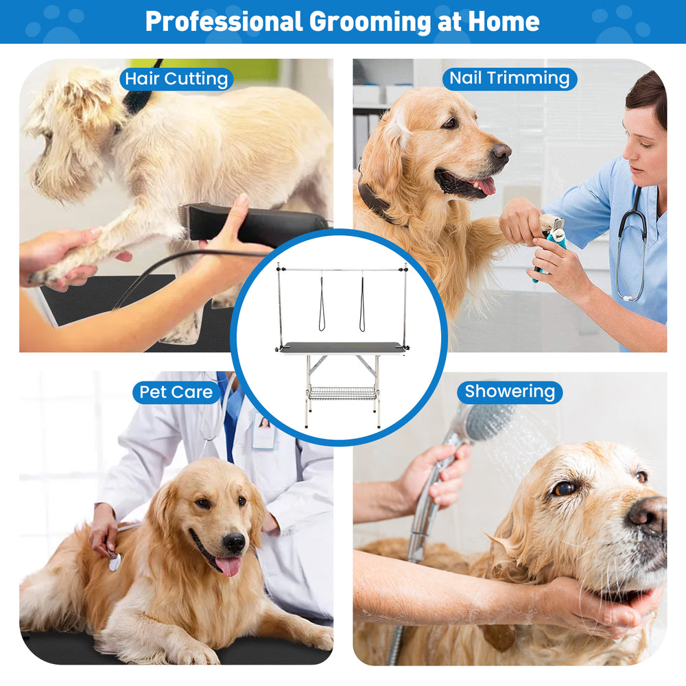 Foldable dog grooming table with height adjustable arms, non-slip surface, ideal for pet care and grooming tasks.