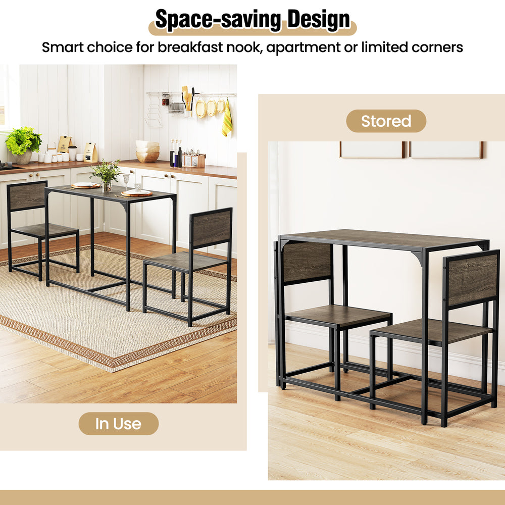 Compact dining set with oak finish, featuring a table and two chairs, ideal for small spaces and easy storage.