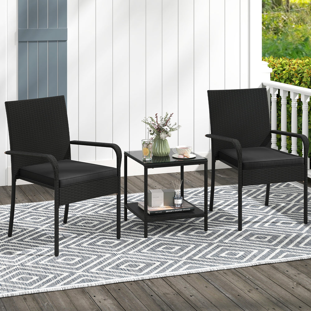 Black 3-piece patio furniture set featuring PE rattan chairs with cushions and a tempered glass tabletop for outdoor.