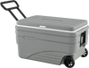 Gray 103 Quart outdoor portable wheeled ice cooler features a foldable pull handle and durable wheels for easy transport.