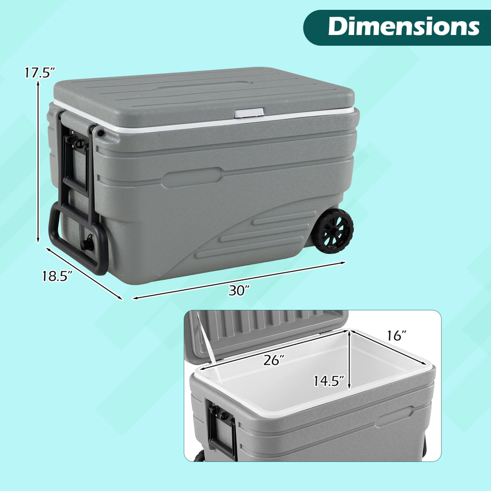 Gray 103 Quart Outdoor Portable Wheeled Ice Cooler with dimensions, featuring a foldable pull handle and two wheels for easy transport.