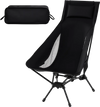 High back portable camping chair in black with carrying bag and pillow, featuring breathable mesh and ergonomic design.