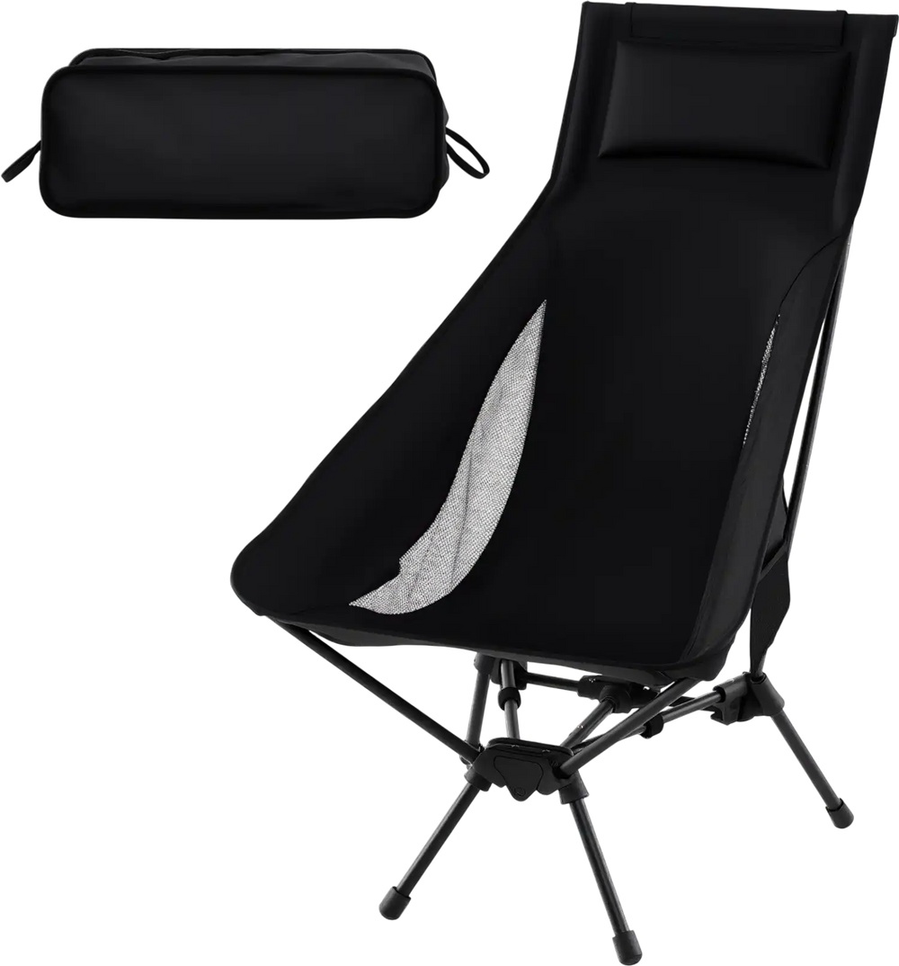 High back portable camping chair in black with carrying bag and pillow, featuring breathable mesh and ergonomic design.