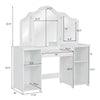 Kids tri-folding mirror vanity table set in white featuring a dimension chart for easy assembly and placement in.