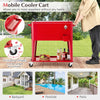 Portable red patio cooler cart with bottom storage shelf, bottle opener, and 360° wheels for easy outdoor use.
