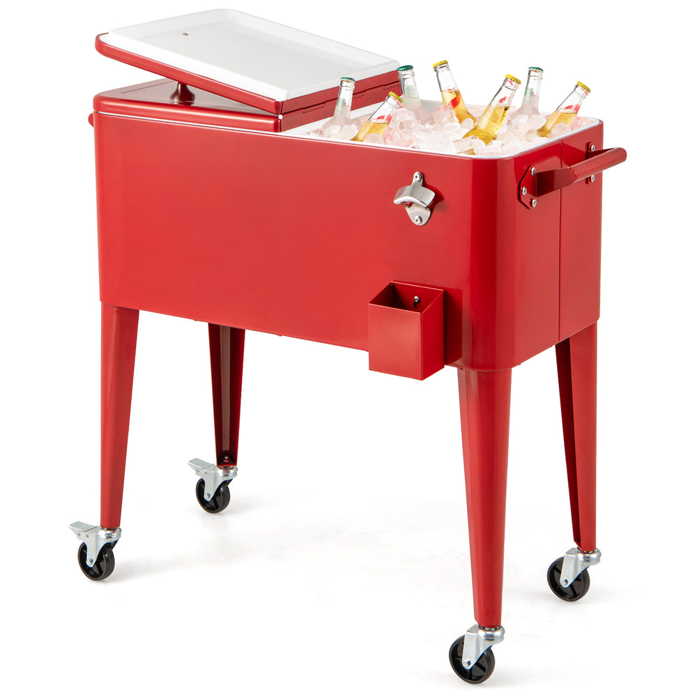 Red portable outdoor patio cooler cart with 80 quart capacity, insulated for 72 hours, featuring wheels and bottle.
