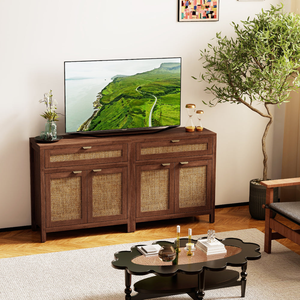 Sideboard storage cabinet with rattan doors in brown, featuring a spacious top, large drawer, and elegant wood-grain.