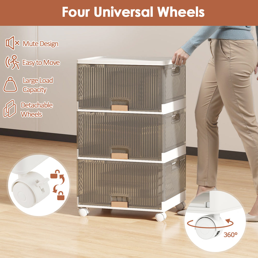 Three-cube stackable storage bin with detachable wheels, featuring a mute design for easy mobility and ample storage.