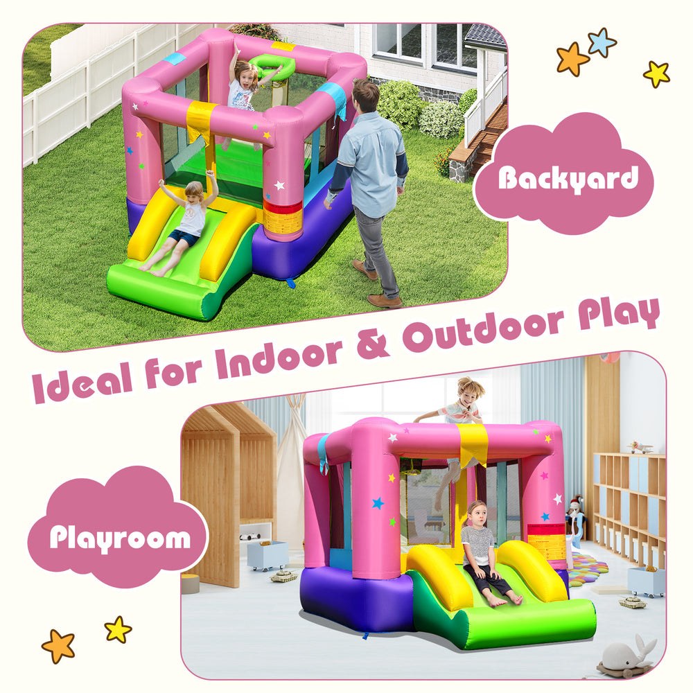 Bouncy castle with slide and jumping area made of durable 420D oxford cloth, perfect for indoor and outdoor play.