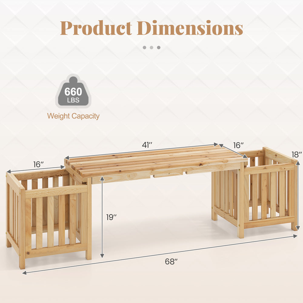 Patio wooden bench with planter dimensions, featuring natural fir wood design and 660 lbs weight capacity for outdoor.
