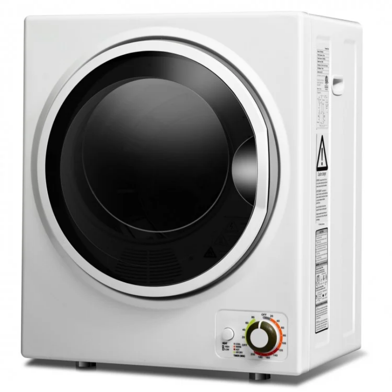 Clothes dryer with stainless steel tub, 1.5 cu. ft. capacity, designed for efficient laundry drying in compact spaces.