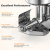 Close-up of the 450W electric tomato strainer's pulp outlet and splash guard, designed for efficient food processing.