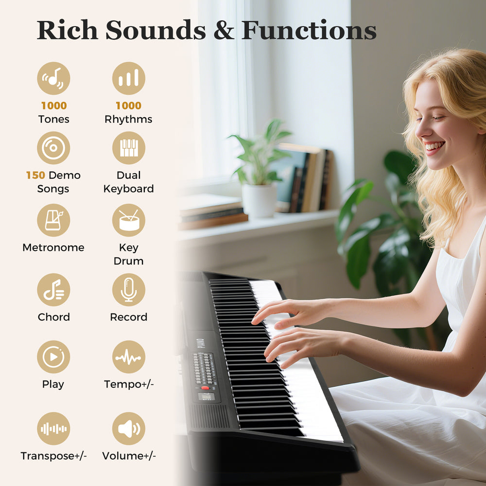 88-key foldable electric piano keyboard in black, featuring 1000 tones and rhythms, ideal for portable music creation.