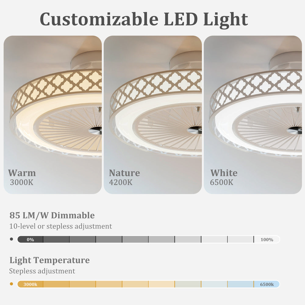 Customizable LED light settings for the 19-inch ceiling fan, showcasing warm, nature, and white light temperatures.
