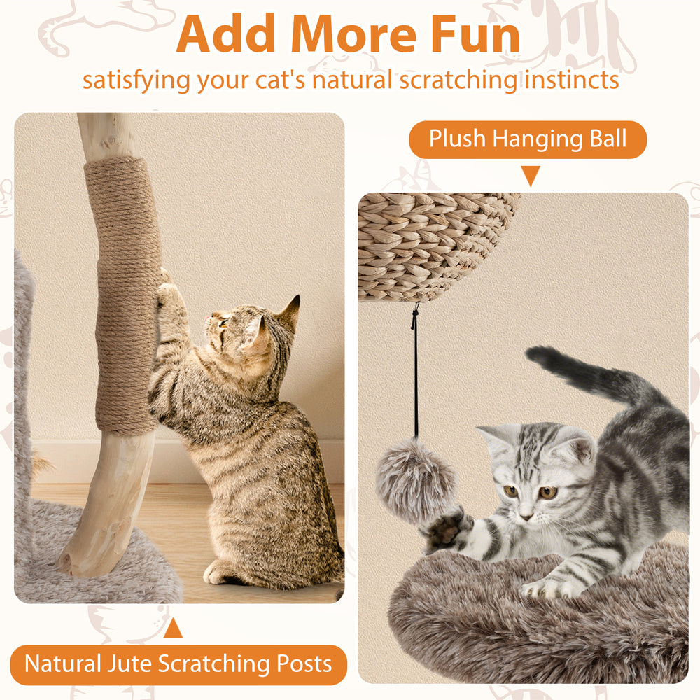 Wood cat tree with natural jute scratching posts and plush hanging ball, perfect for playful lounging and scratching.