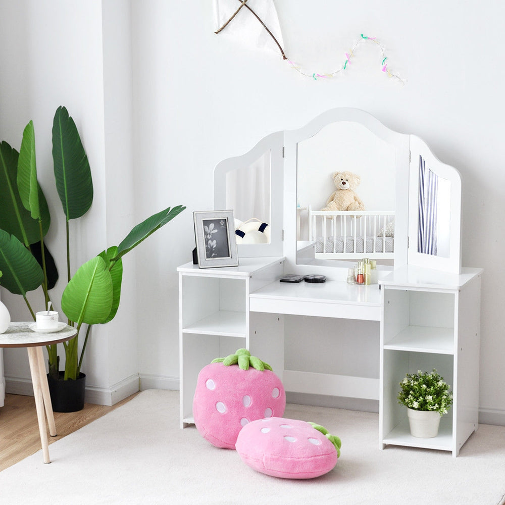 Kids tri-folding mirror makeup dressing vanity table set in white with four storage compartments for organized play.