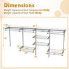 Closet organizer dimensions showing 7 shelves and 5 hanging rods, suitable for 4-8 FT walls, in grey metal.