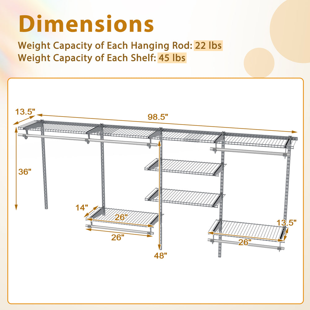 Closet organizer dimensions showing 7 shelves and 5 hanging rods, suitable for 4-8 FT walls, in grey metal.