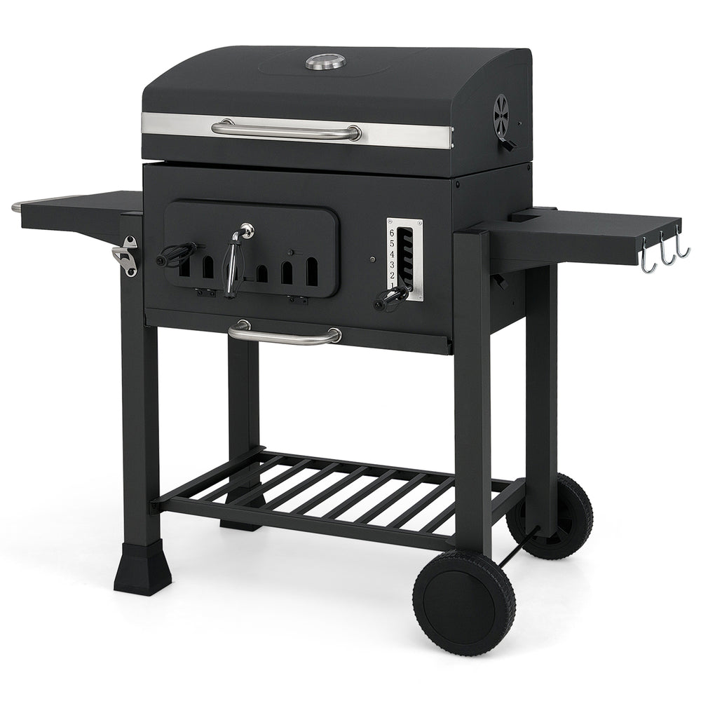 24-inch barrel charcoal grill with 544 sq.in cooking area, 2 folding side tables, and built-in thermometer for outdoor.