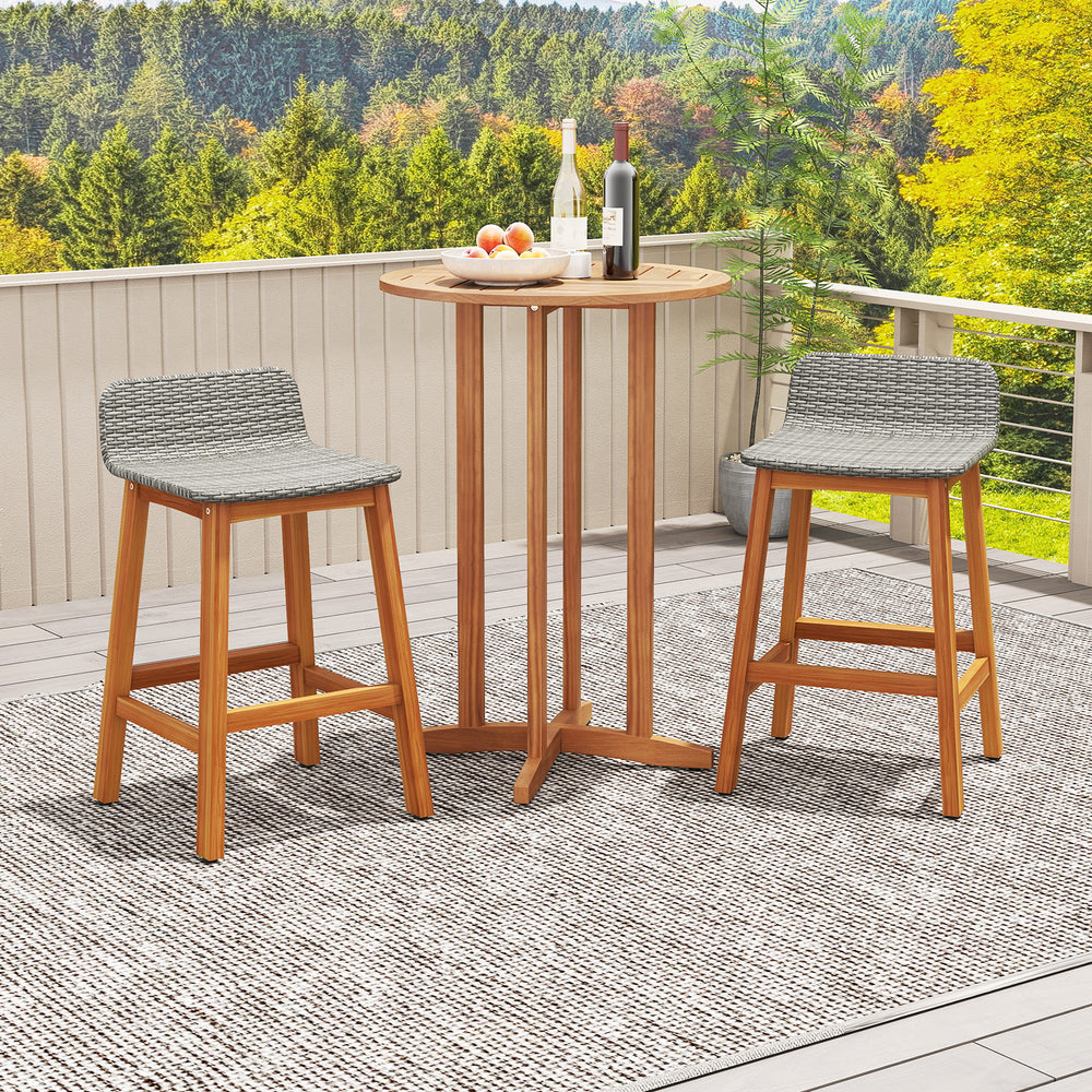 Gray PE rattan seat bar stools set of 2 with acacia wood frame, perfect for porch or balcony use.