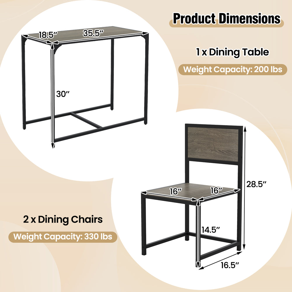 Compact dining set featuring an oak tabletop and metal frame, includes a table and two chairs for small spaces.
