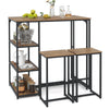 Rustic brown bar-height table with 3 storage shelves, designed for compact dining and easy organization in small spaces.