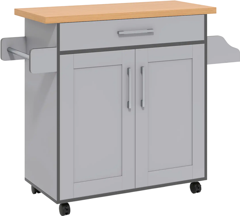 Gray rolling kitchen island cart with spacious countertop, large drawer, and adjustable cabinet shelf for versatile.