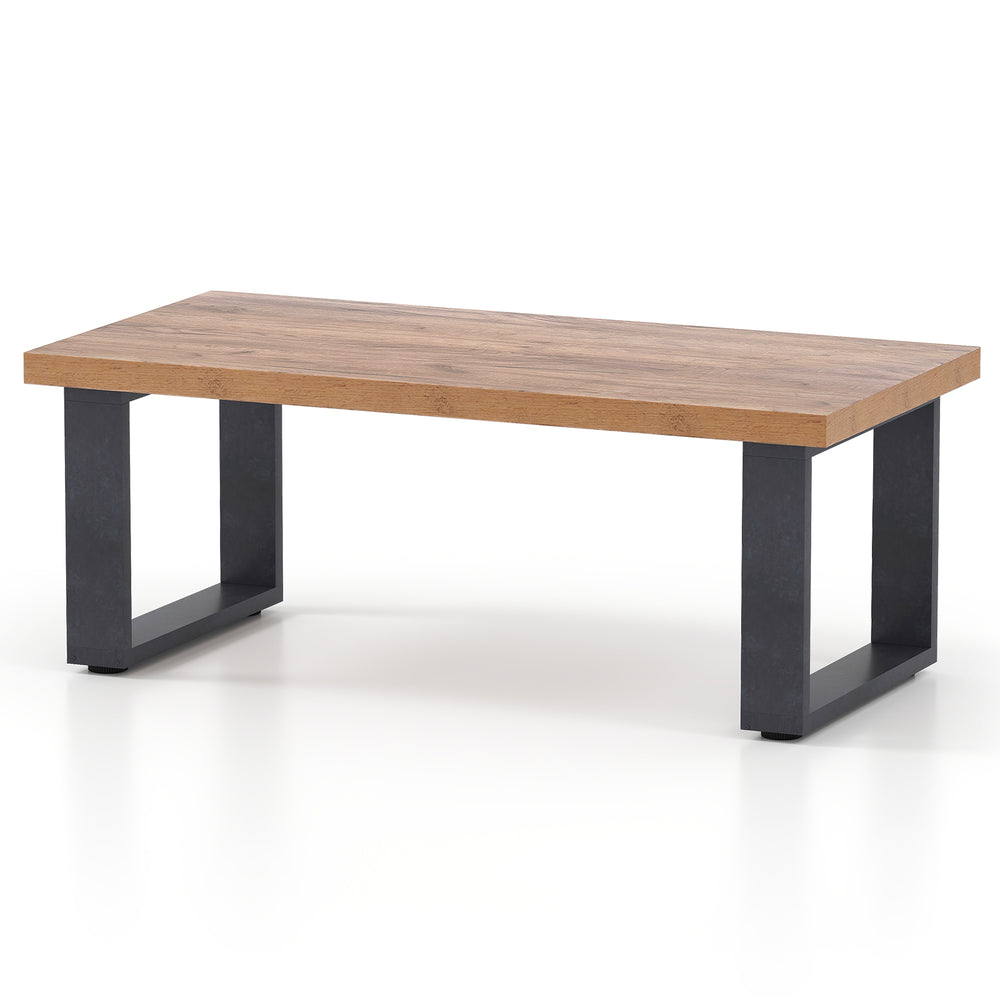 Rustic 47" coffee table with thick oak tabletop and sturdy metal legs, perfect for living room decor and functionality.