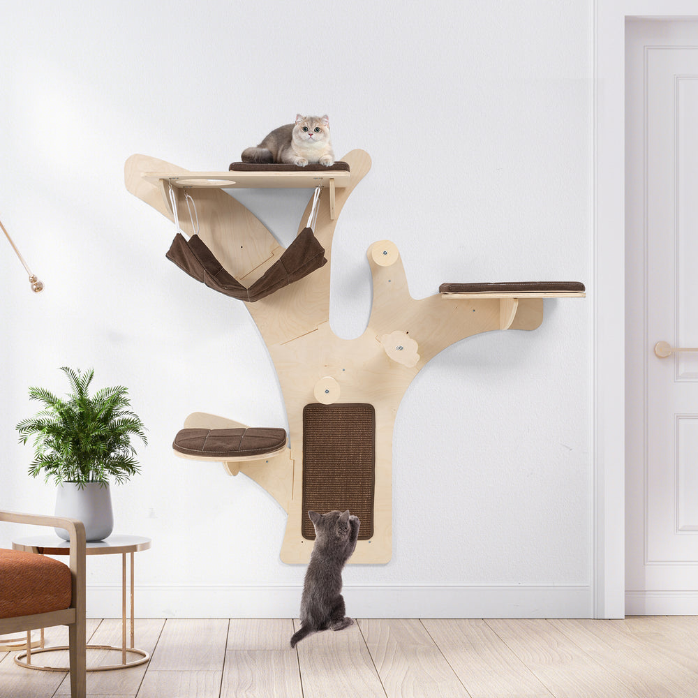 Wall-mounted cat tower showcasing a cozy hammock and sturdy plywood design, ideal for space-saving relaxation and play.