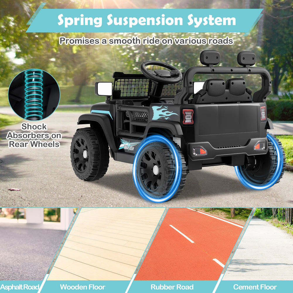 Black 12V kids ride-on truck with spring suspension system, remote control, and LED headlights for safe outdoor fun.