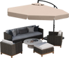Patio cantilever umbrella with beige ruffled edge, tilt adjustment, and protective cover for outdoor shade and comfort.
