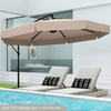 10-foot beige cantilever umbrella with ruffled edges, featuring tilt adjustment and sturdy metal ribs for outdoor shade.