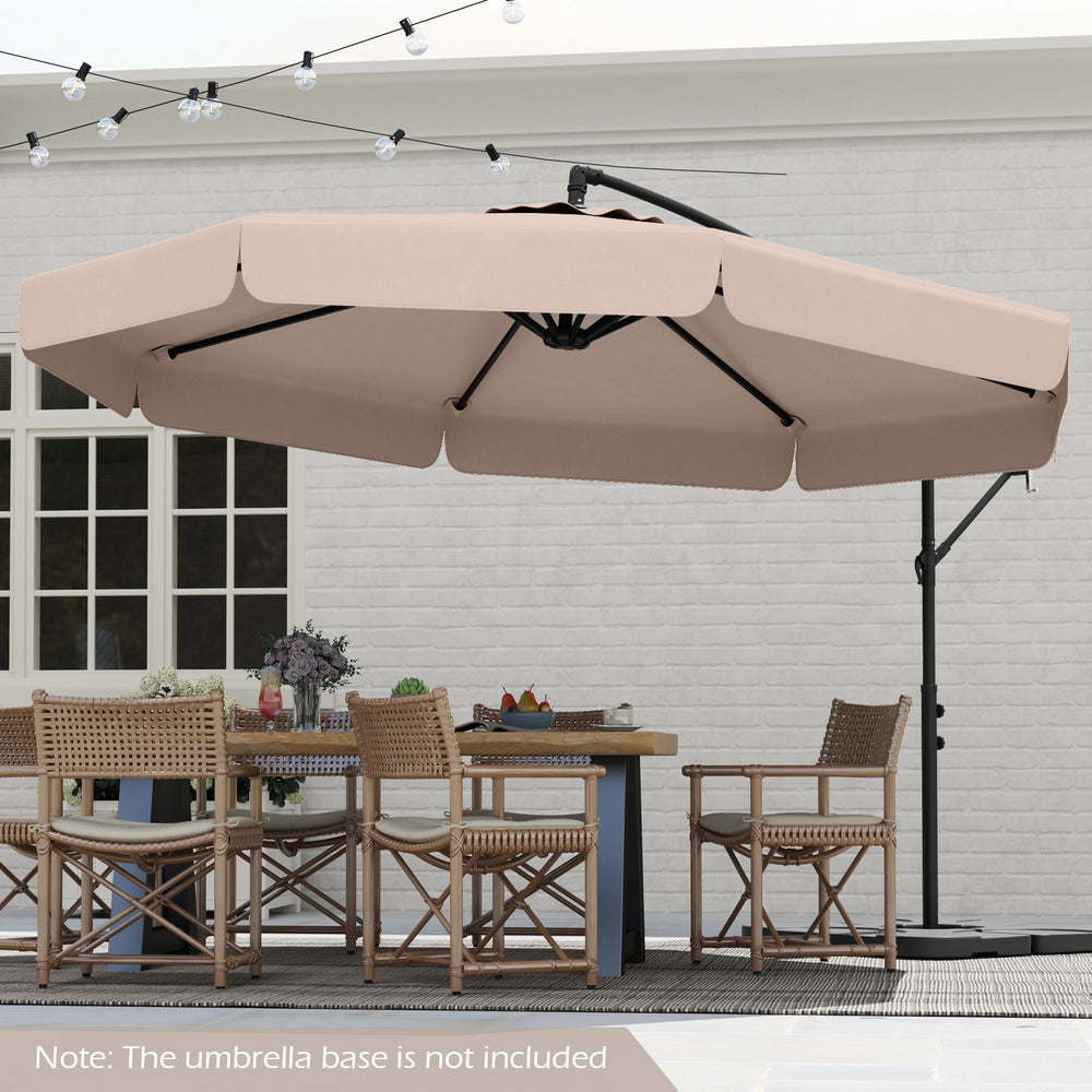 10-foot beige patio cantilever umbrella with ruffled edges and tilt adjustment, ideal for outdoor dining shade.