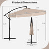 Dimensions of the 10 feet patio cantilever umbrella with beige ruffled edge, showing tilt adjustment and cover details.
