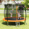 Kids jumping on a 10FT outdoor trampoline with safety enclosure net and orange padding, perfect for recreational fun.