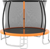 10FT outdoor trampoline in orange with safety enclosure net, curved poles, and sturdy ladder for safe recreational fun.