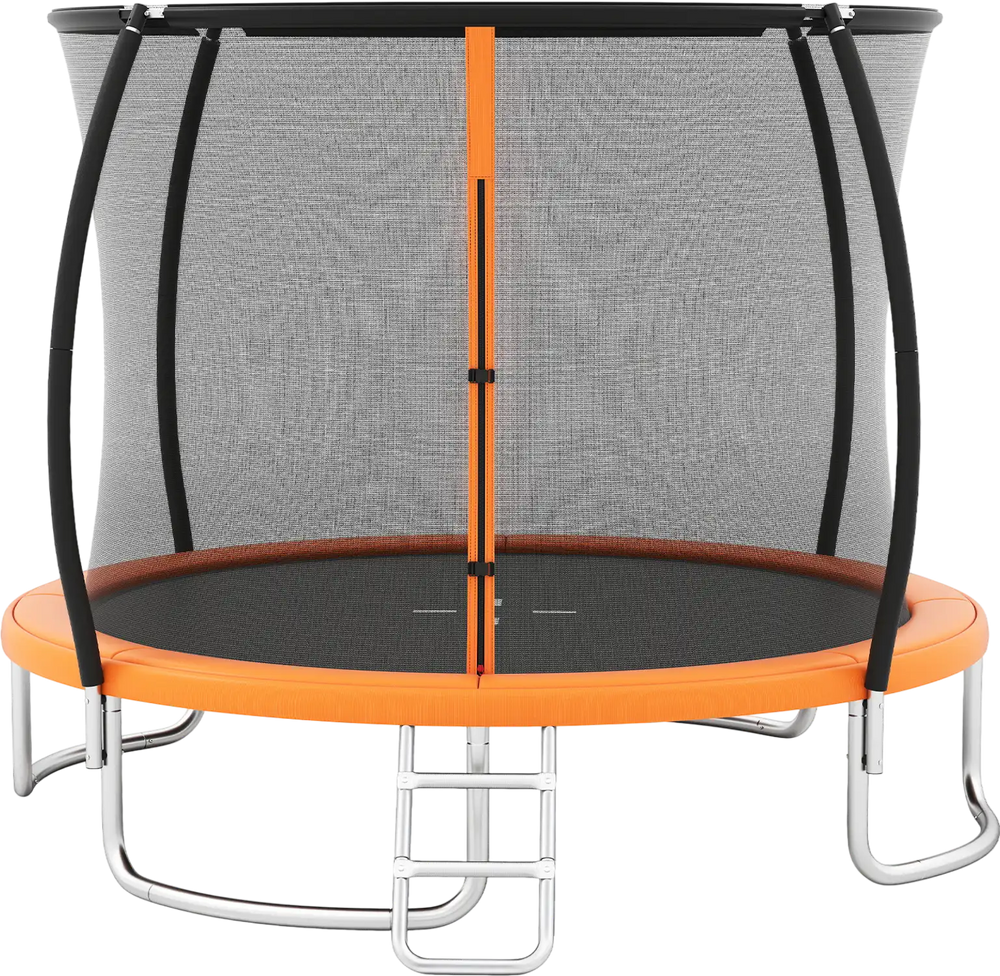 10FT outdoor trampoline in orange with safety enclosure net, curved poles, and sturdy ladder for safe recreational fun.