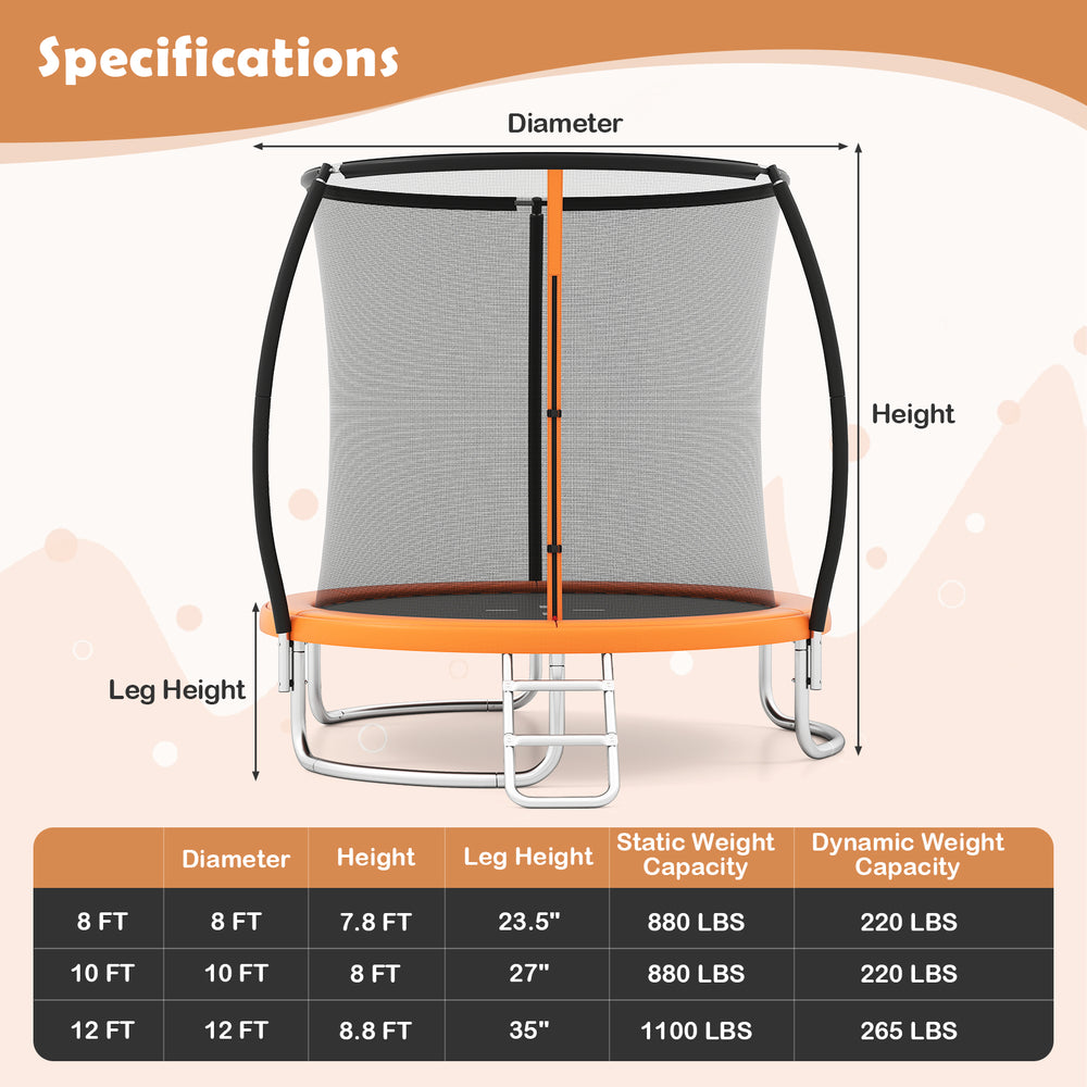 10FT outdoor trampoline with safety enclosure net, featuring curved leg tubes and anti-collision foam sleeves for.