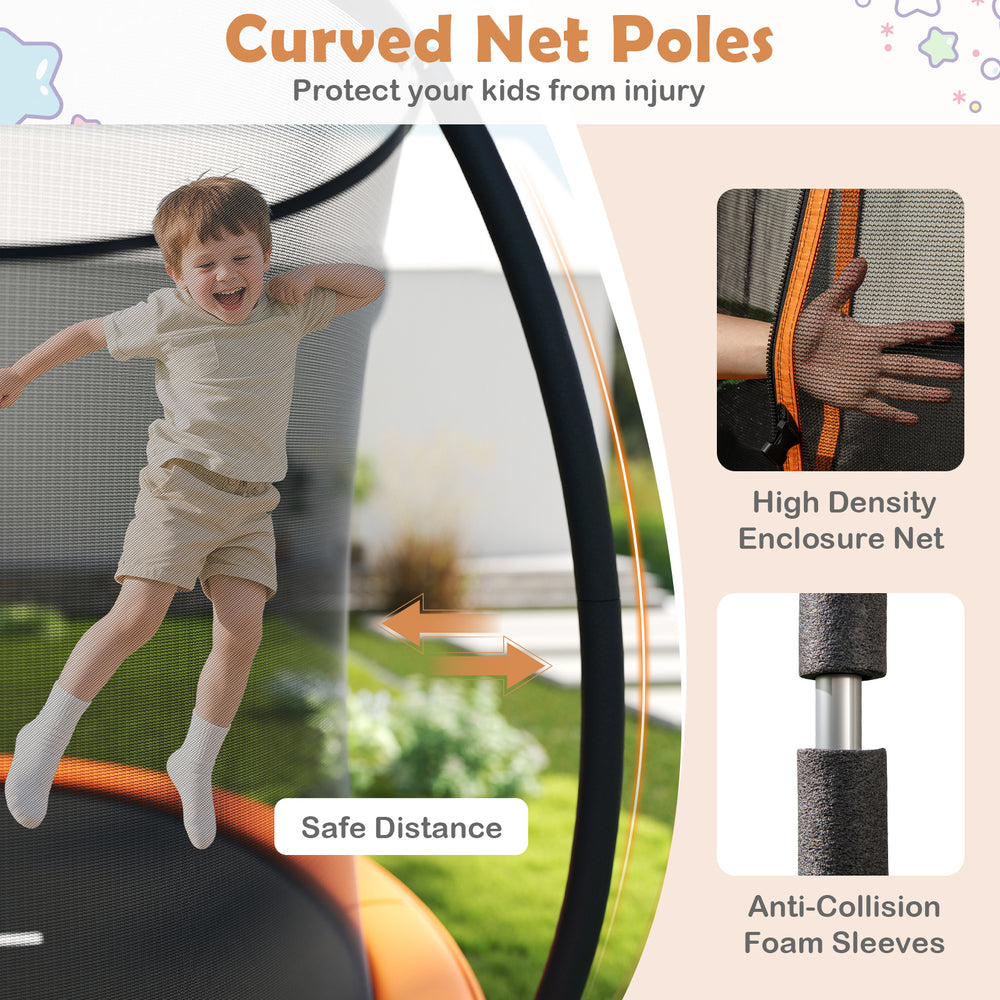 Curved net poles with anti-collision foam sleeves on a 10FT outdoor trampoline for safe bouncing fun.