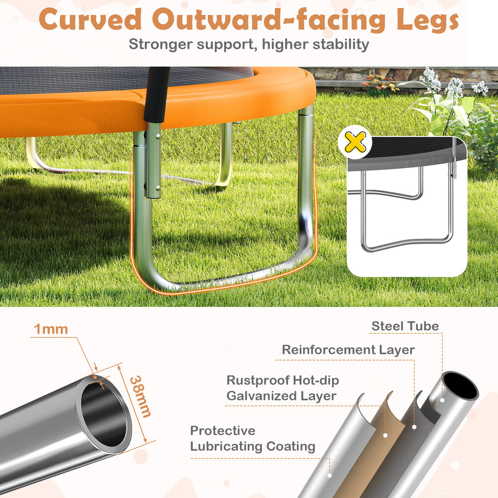 Curved outward-facing legs of the 10FT outdoor trampoline provide enhanced stability and support for safe bouncing fun.