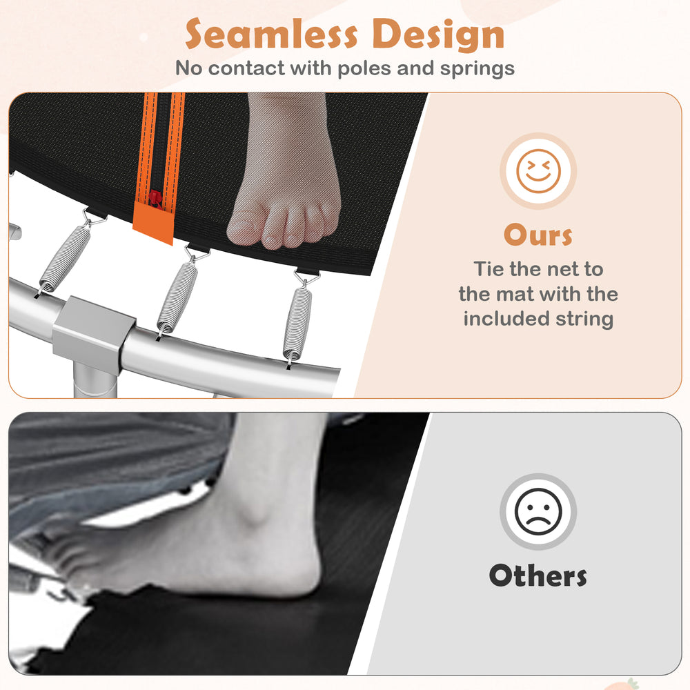 Close-up of the trampoline's seamless design, showcasing the net tied to the mat for safety and stability.