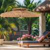 10FT brown tiki patio umbrella with a PE thatch canopy, featuring a push-button tilt system for adjustable sun shading.