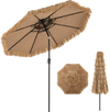 10FT brown tiki patio umbrella with 2-tier thatch canopy, 8 ribs, and push-button tilt for versatile sun shading.