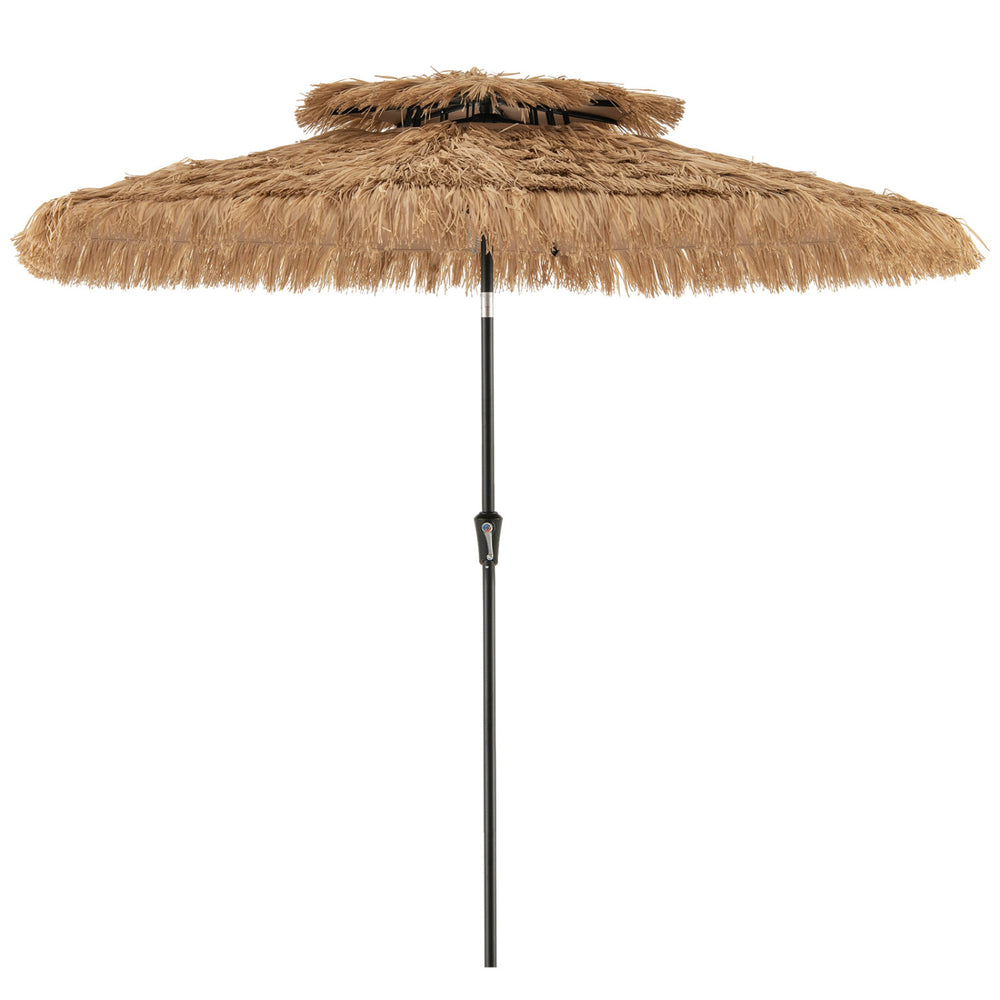 10FT brown tiki patio umbrella with a 2-tier thatch canopy and 8 metal ribs for enhanced stability and sun protection.