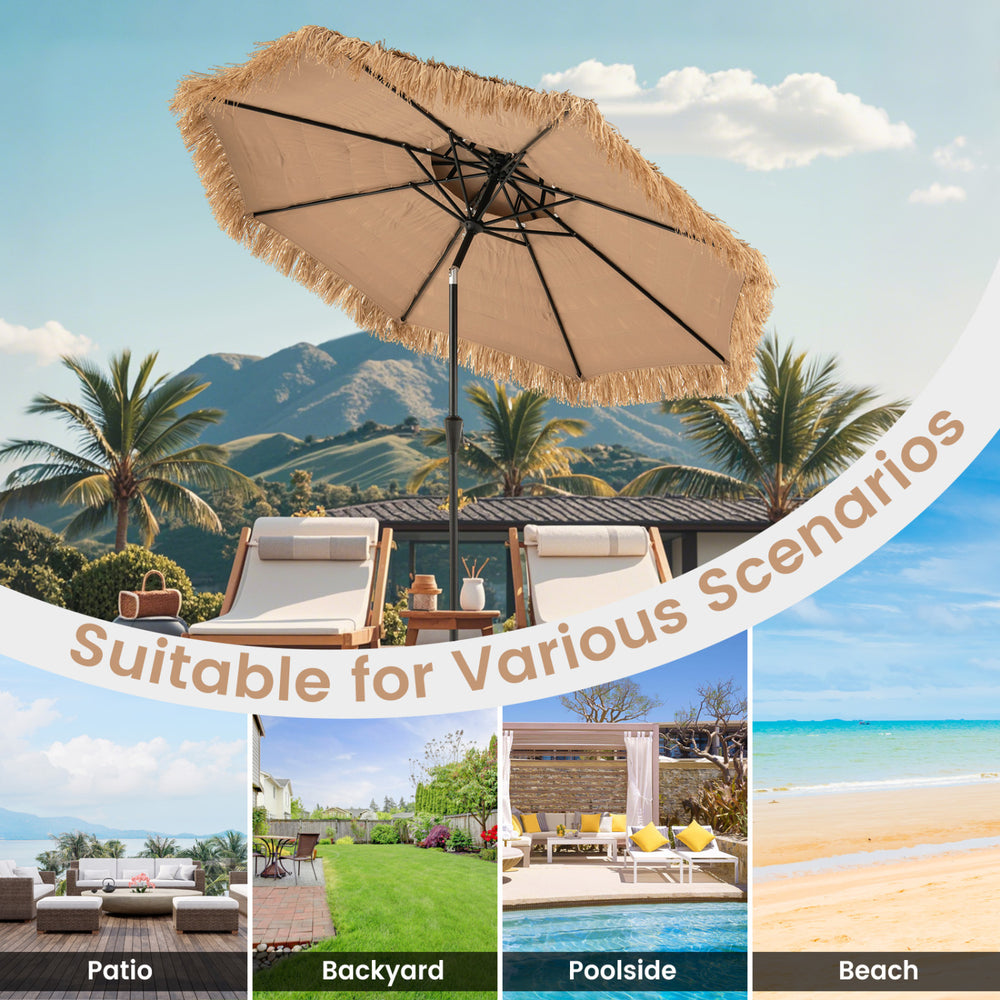 10FT brown Tiki patio umbrella with 2-tier design, 8 ribs, and push-button tilt for versatile outdoor use.