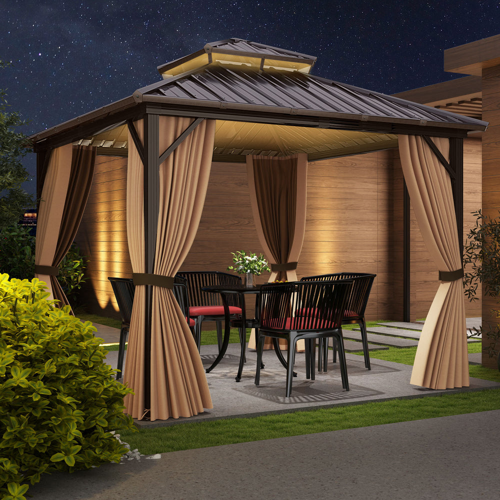 10 x 10 Feet Hardtop Gazebo with Netting and Curtain and Double-Roof Galvanized Metal Top - Gallery View 1 of 12
